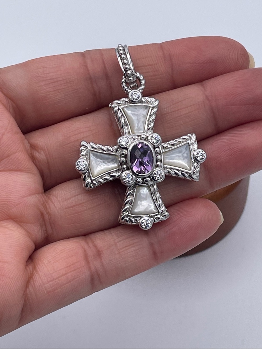 Judith Ripka Sterling Silver 925 MOP Amethyst Maltese Cross Enhancer Pendant - Picture 3 of 8